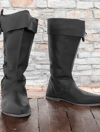 bottes hautes noires à revers de style gothique renaissance pour hommes avec dos à lacets, idéales pour les fêtes costumées et les reconstitutions médiévales