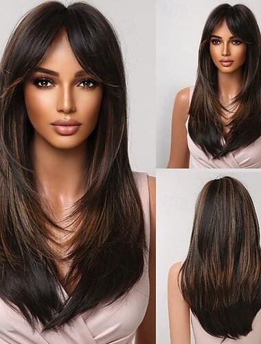  parrucche per donne parrucca in evidenza con frangia parrucca sintetica lunga liscia a strati con capelli naturali