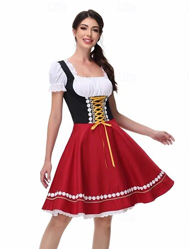  Damen Oktoberfest Bier Dirndl Trachtenkleider Magd Bayerisch Deutscher Wiesn Traditioneller Stil Stoffkleid für das Oktoberfest