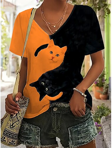  Damen T-Shirt Basic Casual Farbblock Katzendruck Kurzarm Normal Oberteile V-Ausschnitt Alltag Schwarz-Weiß Blau Orange Sommer