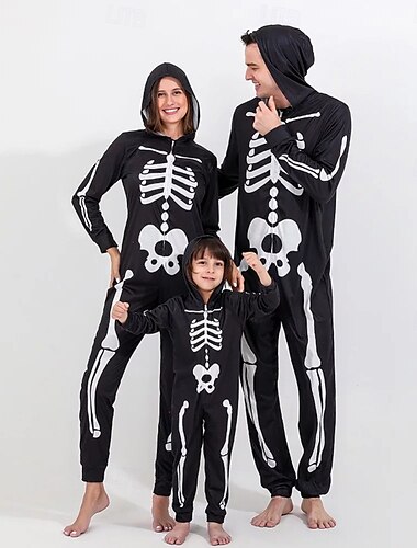  Couples Skull Skeleton Costume Kigurumi Pajamas Halloween Group Family Costumes Kid's Adults' Unisex Party Home Wear Halloween Carnival Easy Halloween Costumes
