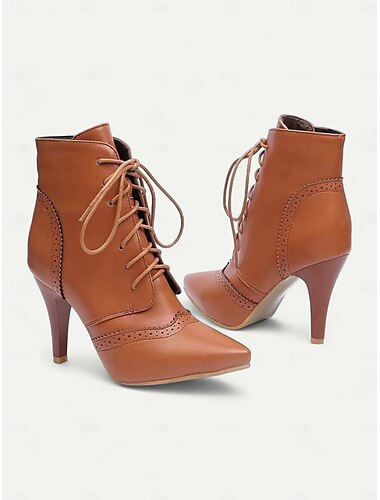  Schwarze Stiefeletten mit Schnürung und Stilettoabsatz für Damen mit Brogue-Details - Gothic-Hexenschuhe für Halloween und Cosplay