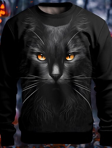  Katze Herren Modisch 3D-Druck Sweatshirt Pullover Urlaub Strassenmode Halloween Hoodies Schwarz Orange Langarm Rundhalsausschnitt Herbst Winter Designer Kapuzenpullover