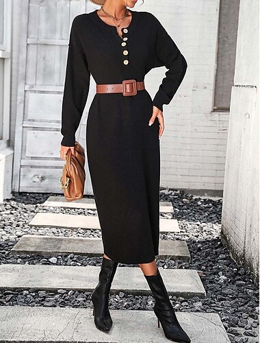  Dames Trui jurk Elegant Modieus Casual Effen Kleur Strakke ronde hals Gebreid Lange mouw Lange tops breien Werk Zwart Paars Herfst Winter