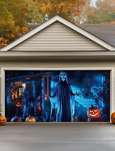  Halloween-Türdekorationen für draußen, Halloween-Garagentorabdeckung, Kürbis-Hexe-Banner, gruseliges Schloss, große Kulisse für den Urlaub, Garagentor für draußen, Wanddekoration für Zuhause