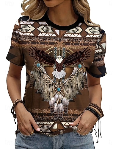  dames t-shirt vintage etnisch casual print korte mouw normale tops vakantie bruin zomer