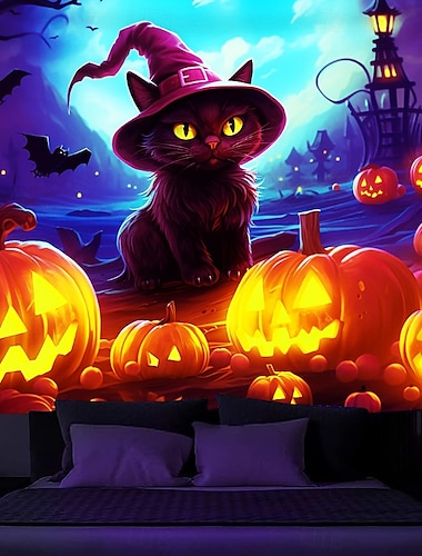  halloween dekorasjoner blacklight billedvev uv reaktiv glød i mørket glød party jack o lanterne gresskar psykedelisk trippy misty flaggermus hengende billedvev veggkunst veggmaleri for stue soverom