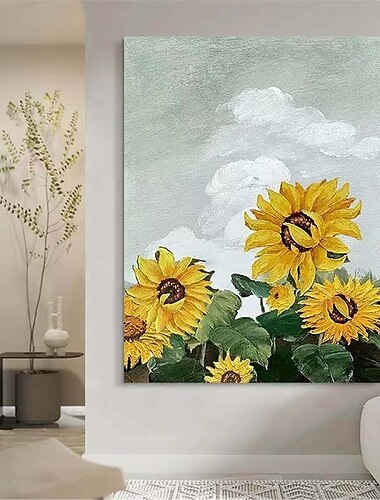  Pintura al óleo de girasol hecha a mano, pintura al óleo abstracta de flores sobre lienzo, pintura al óleo de girasol moderna hecha a mano, pintura al óleo floral de gran flor blanca pintada a mano,