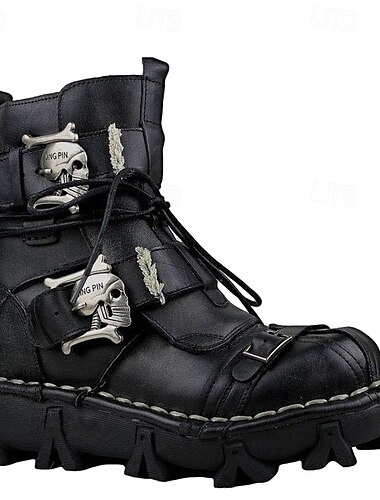  Gothic-Steampunk-Kampfstiefel für Herren mit Totenkopf-Schnalle und robuster Sohle – Vintage-Stiefeletten aus braunem Leder zum Schnüren für Biker und Cosplay