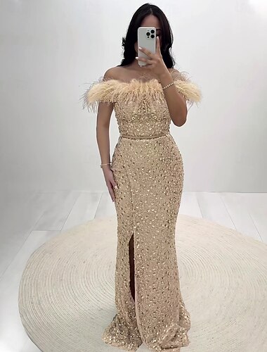  Meermädchen Abendkleid Elegantes Kleid Formell Bodenlängens Ärmellos Schulterfrei Champagner Mutter der Braut Kleid Pailletten mit Feder Glitzer 2025