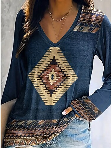  Damen T Shirt Stammes Geometrie Vintage Ethnisch Langarm V Ausschnitt Normale Oberteile Urlaub Bedruckt Gelb Rosa Marineblau Frühling Herbst