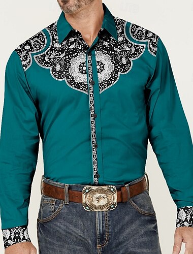  Herren Cowboy Westernhemd Knopfhemd Cowboy-Shirt Langarm Vintage westlicher Stil Täglich Festtage Herbst Winter Frühling Sommer Umlegekragen Hemden mit Kragen Knopf hoch 3D-Druck Schwarz Wein Blau