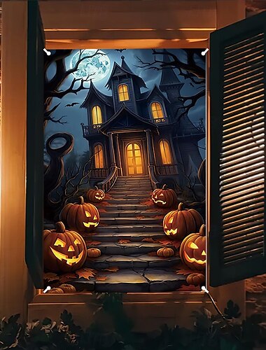  Halloween Window Cover Decorations, Fabric Purple Pumpkin Halloween Curtain Horror Movie Poster Window Door Covering Decor for Haunted House, Scary Halloween Window Clings Decals Indoor Outdoor