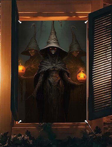  Halloween-Fensterverkleidung, süße Geisterkerze aus Stoff, Halloween-Vorhang, Horrorfilm-Poster, Fenster-/Türverkleidung, Deko für Spukhaus, gruselige Halloween-Fensteraufkleber für drinnen und