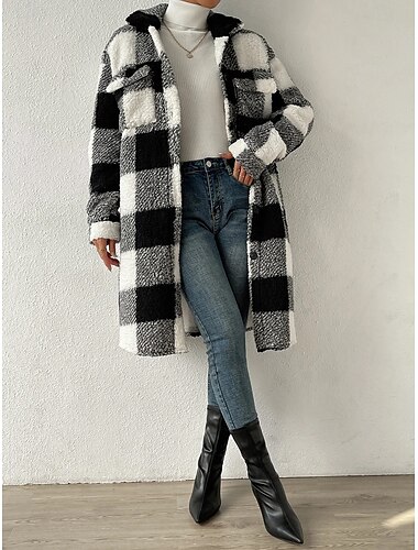  Damen Sherpa-Jacke Teddy-Mantel warm halten Tasche Modisch Brautkleider schlicht Plaid Freizeitskleidung Einreihiger Verschluss Umlegekragen Lockere Passform Langarm Oberbekleidung Schwarz Rosa Blau