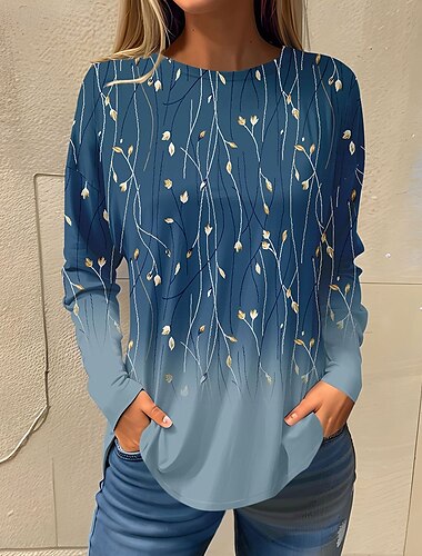  Damen T-Shirt Basic Blumendruck Langarm Normal Oberteile Rundhals Urlaub Wochenende Weiß Rosa Rot Marineblau Blau Herbst&amp; Winter