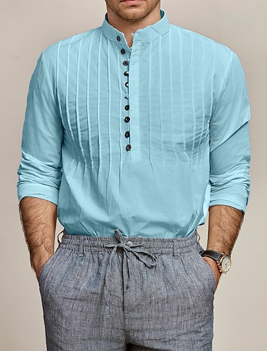  Per uomo Camicia Camicia con colletto a fascia Camicia popover Camicia estiva Abbigliamento mare Maglietta informale Nero Bianco Azzurro Manica lunga Liscio A fascia Da mare Giornaliero Collage