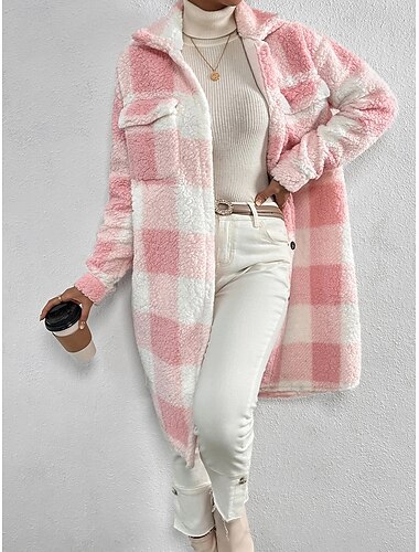  Dames Sherpa jas Teddy jas Houd Warm Zak Modieus Casual Ruitjes Alledaagse kleding Enkele rij knopen Strijkijzer Ruim Passend Lange mouw bovenkleding Zwart Blozend Roze blauw Herfst Winter