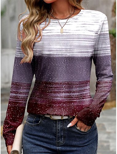  t-shirt femme décontracté imprimé manches longues hauts réguliers col rond quotidien violet printemps automne