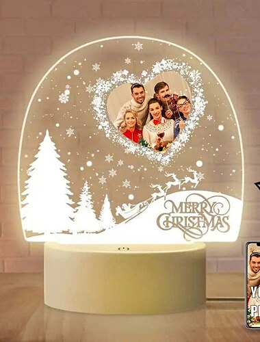  Luz de noche navideña LED acrílica personalizada, árbol de Navidad personalizado &Diseño de corazón de nieve con interruptor táctil alimentado por USB, perfecto para leer en el dormitorio &Decoración