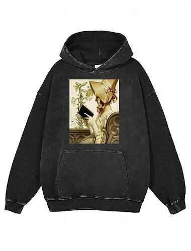  Vintage-Illustration Kapuzenshirt Bedruckt Vordertasche Grafik Für Paar Herren Damen Erwachsene Maskerade Heißprägen Casual