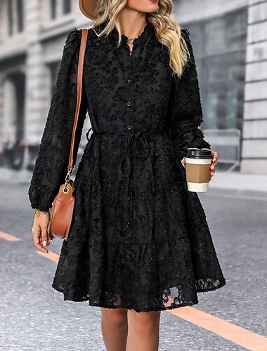  Dames Effen jurk Halflange jurk Kant nappi Vintage Casual Overhemdkraag Lange mouw Zwart Wit Groen Kleur