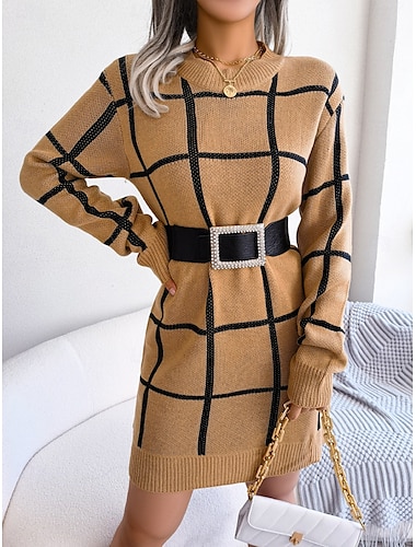 Femme Pull Chandail Elégant Mode Géométrique Col Ras du Cou Imprimer manche longue Hauts réguliers Tricoter Travail du quotidien Jaune Vert Automne Hiver