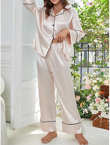  Damen-Pyjama-Sets in reiner Farbe, modisch, bequem, für zu Hause, für den Alltag, Kunstseide, atmungsaktives Revers, langärmeliges Hemd, Hose, Knopftasche, Herbst-Home-Outfits