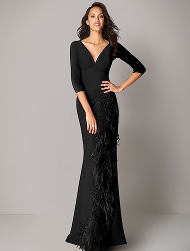  Mermaid Abendkleid Elegantes Kleid Formell Bodenlänge 3/4 Lange Ärmel V-Ausschnitt Stretch-Crepé mit Federn Rüschen 2025