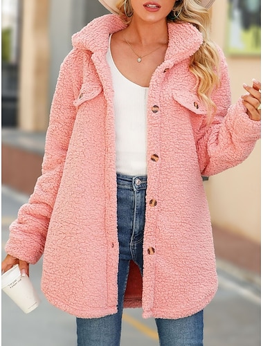  Femme Veste Polaire Manteau en peluche Chaud Poche Moderne Plein Travail Boutonnage Simple Col rabattu Standard manche longue Vêtements d'extérieur Noir Blanche Rose Claire Automne Hiver