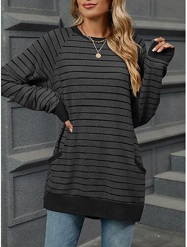  Damen T-Shirt Mode Modern Casual Langarm Normal Oberteile Rundhals Alltag Wochenende Grau/Weiß Schwarz Blau Hellgrau Herbst Winter