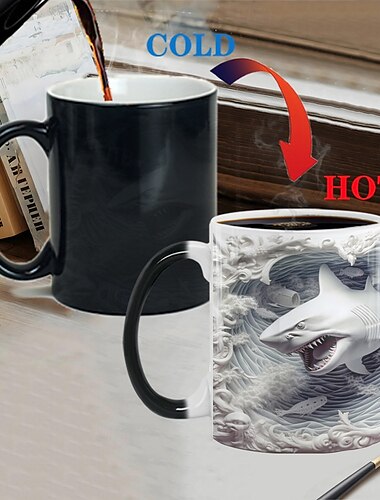  Thermobecher, Hai-Thermobecher mit 3D-Illusion, Keramik-Kaffeebecher als Geschenk, 11 oz wärmeempfindlicher Farbwechsel-Kaffeebecher, süße Weihnachtsgeschenktasse für Hai-Liebhaber