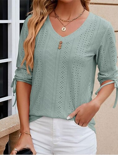  Damen Weiße Elegante Spitzen Tops Loch Bluse Stylisch Modern Einfarbige Knöpfe Loch 3/4 Länge Ärmel V-Ausschnitt Täglich Romantische Petite Tops Sommer Urlaub Trag Weiß Rosa Lila Grün Sommer Frühling