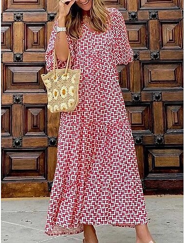  Damen Maxikleid mit geometrischem Druck, V-Ausschnitt, Laternenärmeln, lässig, für den Alltag, Urlaub, 3/4-Ärmel, Sommer, Frühling