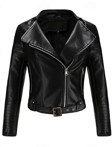  Damen Lederjacke Freizeitjacke Outdoor Zip Feste Farbe Windundurchlässig Modisch Regular Fit Oberbekleidung Langarm Herbst Schwarz S