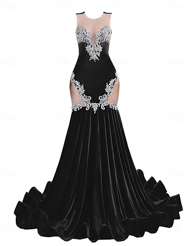  Rochie de seară tip sirenă Rochie elegantă Petrecere de seară Logodnă Tren curte Fără Mâneci Decolteu de bijuterii Catifea cu aplicații din mărgeluțe