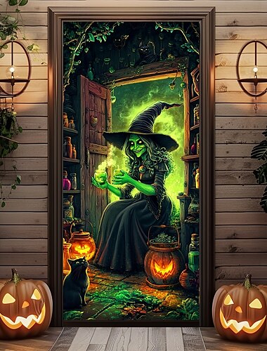  Halloween Türdekorationen Halloween Türabdeckungen Hexen Tür Gobelin Türvorhang Dekoration Hintergrund Türbanner für Haustür Bauernhaus Urlaub Party Indoor Outdoor Dekor Zubehör