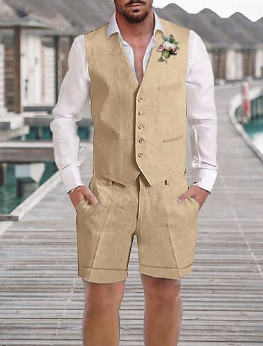  Hochzeitsleinenanzüge für Herren Champagner Himmelblau Groomsman-Anzüge Sommer Einfarbig Taillierte Passform 2-teilig