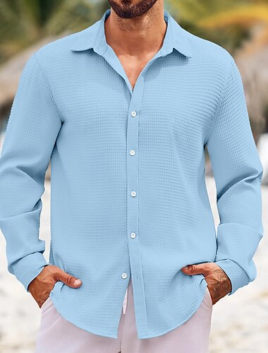  Homens Camisa Social Camisa Waffle camisa de botão Camisa casual Preto Branco Azul Caqui Manga Longa Tecido Colarinho Diário Férias Roupa Moda Casual