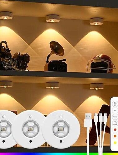  3 luces LED recargables debajo del gabinete con control remoto, foco RGB que cambia de color cálido &Opciones de blanco neutro Brillo ajustable Montaje magnético para una fácil instalación