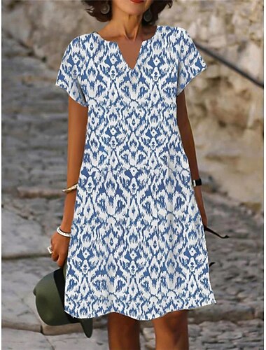  Robe Mini Femme Jersey en Coton Élasthanne Fleurie À Volants Col en V Décontractée Vacances Manches Courtes Été
