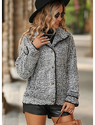  Dames Teddy jas Houd Warm Knop Zak Modieus Dagelijks Modern Effen Kleur Werk Casual Enkele rij knopen Normaal Strijkijzer Normale pasvorm Lange mouw bovenkleding Rood Grijs Herfst Winter
