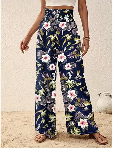 Damen Breites Bein Hosen Hose Casual Lang Blumen Weite Hosen Print Atmungsaktivität Komfortabel Mikro-elastisch Urlaub Wochenende Rosa Marinenblau Blau Aprikose Frühling Sommer Regular Fit