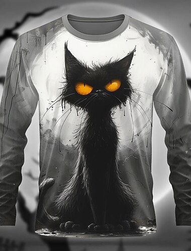  Halloween Herr Katt Rolig T-shirt Långärmad T-shirt 3D-tryck Rund hals Skjorta Designer Retro / vintage Gata Ledigt Dagligen Grå Sommar Vår Höst Kläder S M L XL XXL XXXL