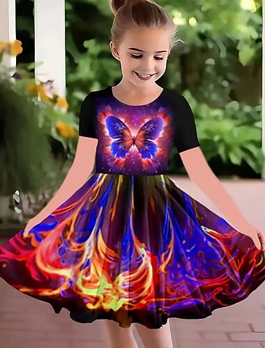  Mädchen' 3D Graphic Schmetterling Kleid Kurzarm Sommer Frühling Urlaub Täglich Festtage Prinzessin Schön Süß kinderkleidung 4-12 Jahre Casual kleid A Linie Kleid Knielang Regular Fit