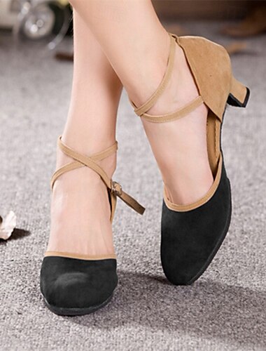  Zweifarbige Tanzschuhe aus Wildleder mit gekreuzten Riemen in Blau und Beige für Damen, bequemer Absatz für lateinamerikanischen und Gesellschaftstanz