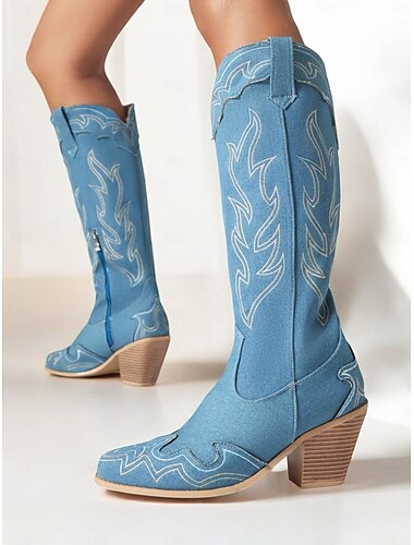  Damen Stiefel Bikerstiefel Cowboy Westernstiefel Retro Outdoor Arbeit Täglich Farbblock Stickerei Kniehohe Stiefel Stickerei Reißverschluss Blockabsatz Runde Zehe Vintage Kunst-Veloursleder PU