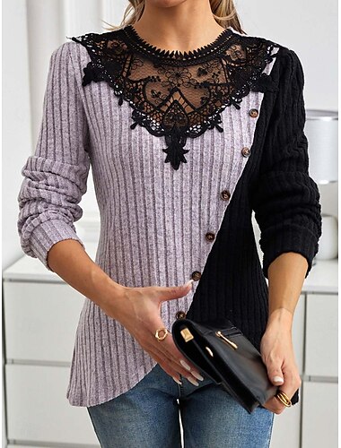  Γυναικείο Κομψό Τοπ Δαντέλας Eyelet Μπλούζα Στυλάτο Σύγχρονο Δαντέλα Μακρύ Μανίκι Κανονικά Τοπ Crew Neck Εργασίας Ημερήσια Ρομαντικά Μικροσκοπικά Τοπ Ρούχα Διακοπών Μαύρο Γκρίζο Άνοιξη Φθινόπωρο
