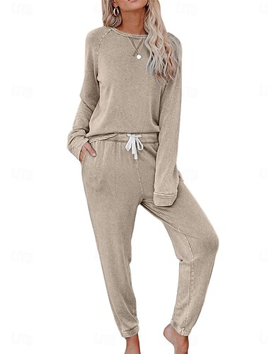  pyjamasset för kvinnor ren färg mode grundläggande komfort hem daglig säng andas rund hals långärmad byxficka resår midja höst vinter hem outfits