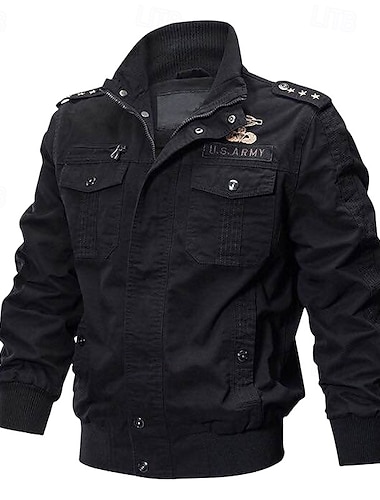  Herr Bomberjacka Vardaglig jacka Dagligen Semester Andningsfunktion Ficka Vår & Höst Slät Mode Klassisk Kavajslag Normal Svart Kaki Armégrön Jacka